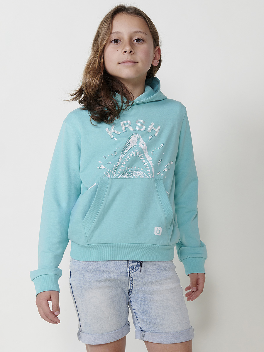 Koroshi - Sudadera con capucha para niño, estampado frontal de tiburón y letras en relieve en color menta, tejido elástico de algodón 95% + 5% elastano, tallas de 4 a 10 años