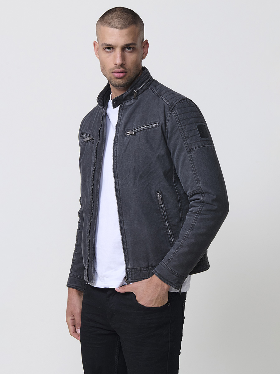 Koroshi - Chaqueta cazadora hombre estilo motero en algodón 100 % con efecto lavado gris, corte ajustado y cremallera frontal