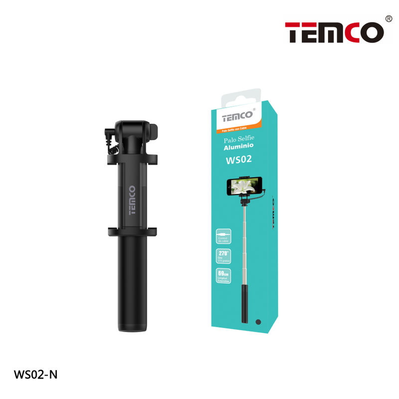 TEMCO Palo Selfie de Aluminio Extensible de 18cm hasta 70cm con Cable Jack Azul, Rosa y Negro, Monopode para Movil con Entrada Aux 3.5mm, Compatible para Moviles con Samsung, Xiaomi, Oppo, Iphone 6 s