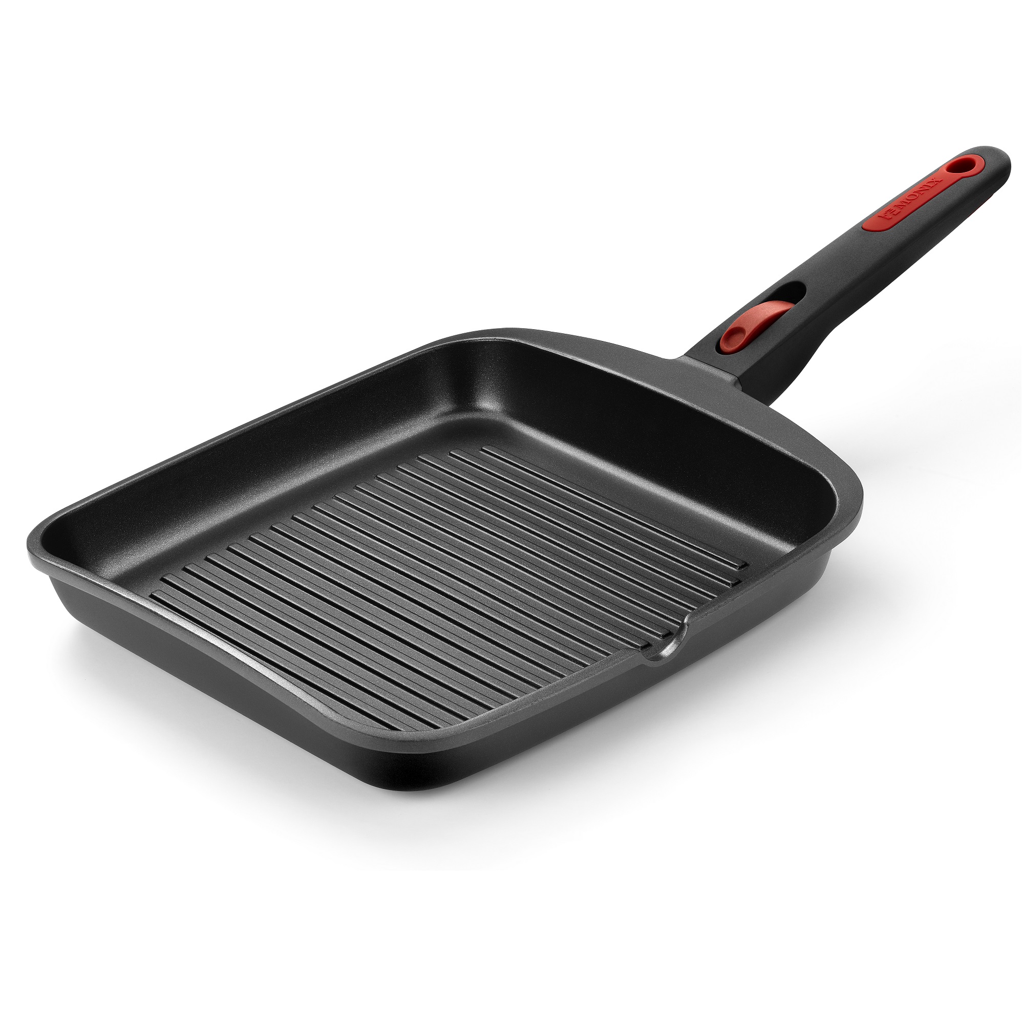 Monix IN&OUT Sartén Grill de aluminio fundido con antiadherente tricapa interior teflón. Parrilla de 22 cm lisos o 28 cm a rayas