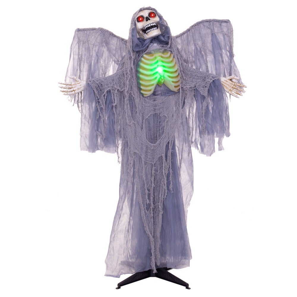 Figura de la muerte con alas de poliéster color morado 130x160 cm Sistema animatrónico que mueve la cabeza, emite sonidos y enciende ojos y pecho para ambientar eventos espeluznantes. LOLAhome