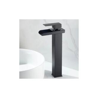 CA Grifo mezclador de lavabo de cascada negro, grifo de lavabo de acero inoxidable con caño de cascada, grifo mezclador de lavabo de un solo orificio con manija única, B, alto