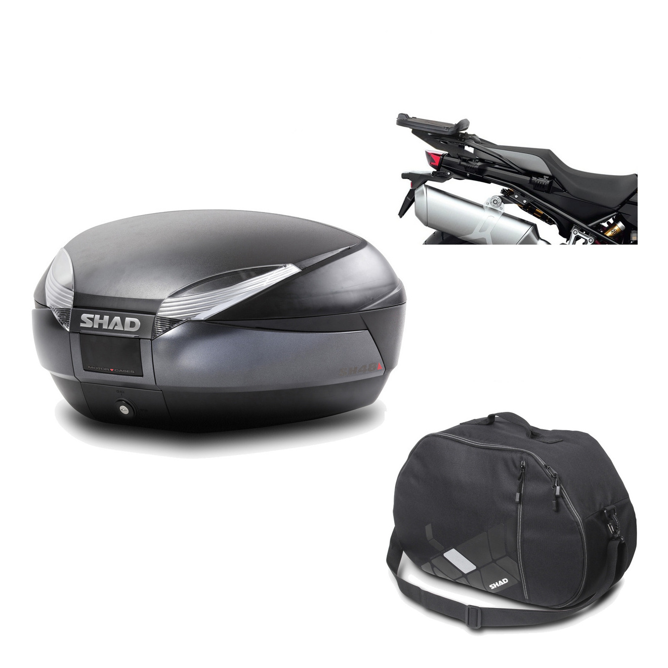 Baul Trasero + Herraje Montaje + Bolsa Interna Sh48 Dark Grey Premium KIT-190500