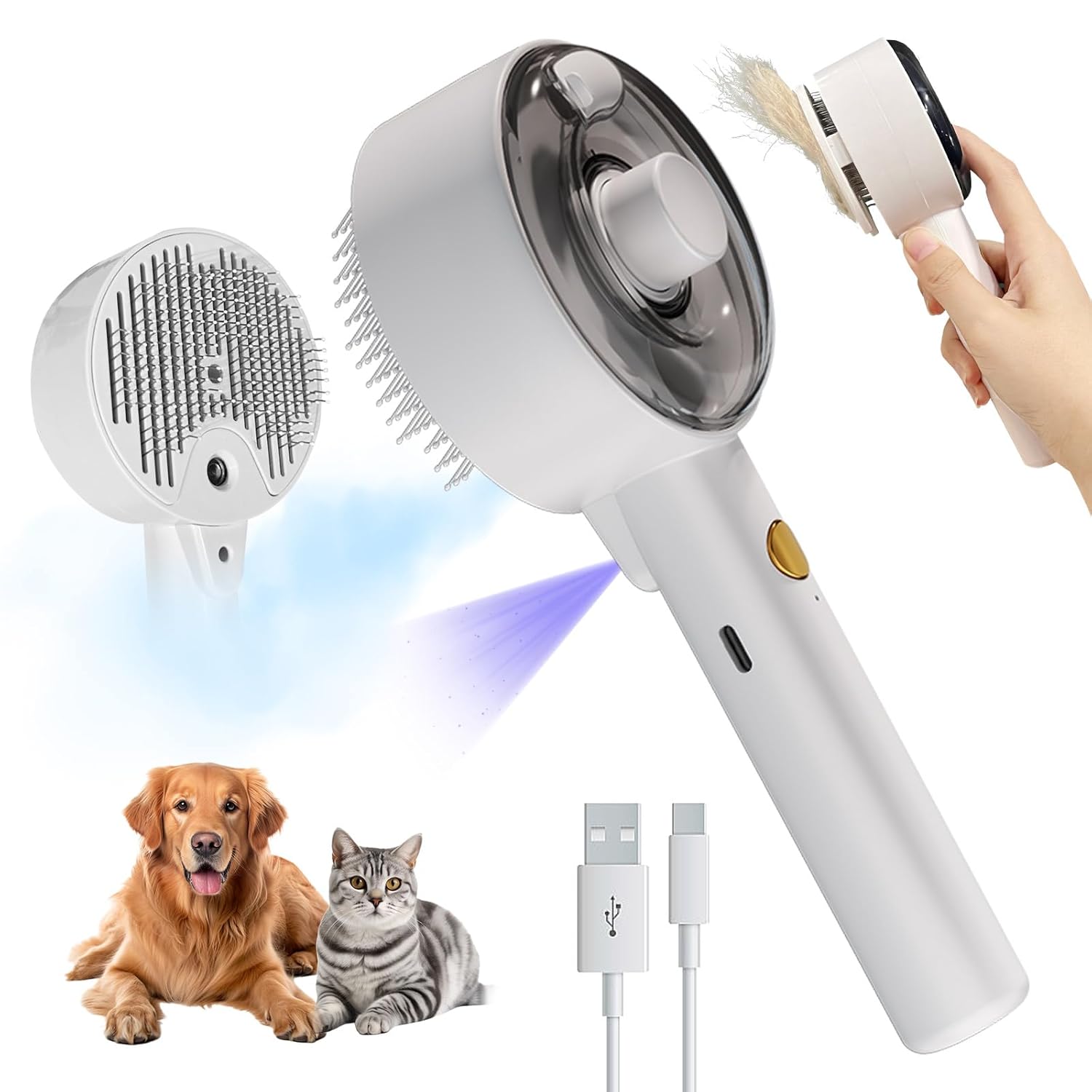 TK Cepillo de vapor para mascotas de segunda marcha, con rayos ultravioleta, cepillo de eliminación de pelo en aerosol de 4 en 1, para Eliminación de pelo, con botón de liberación. Adecuado para perros, gatos y conejos de pelo largo o corto en interiores