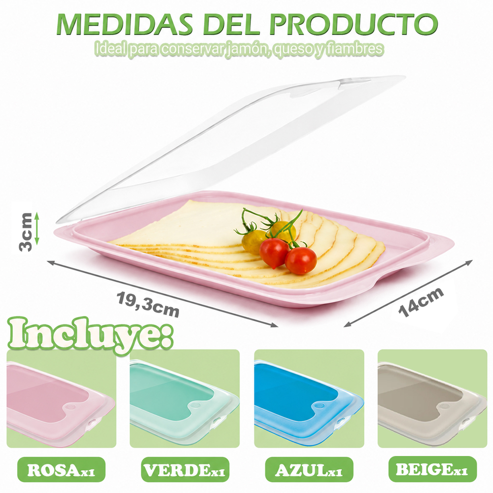 Life Basics Porta Embutidos Fresh Set 4 Unidades, Organizadores Apilables para Nevera con Tapa Extraíble,  Aptos para Microondas, Congelador y Lavavajillas, Libre de BPA, Colores PASTEL