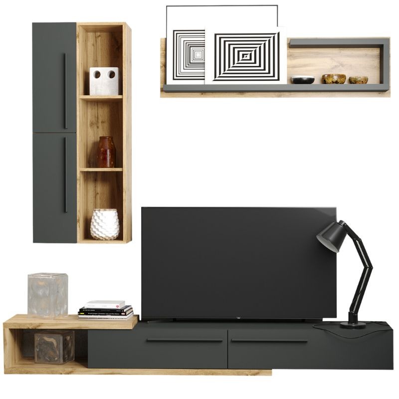 Miroytengo Mueble Salón Kalvados Roble Tahoe Y Antracita 210x38CM Industrial