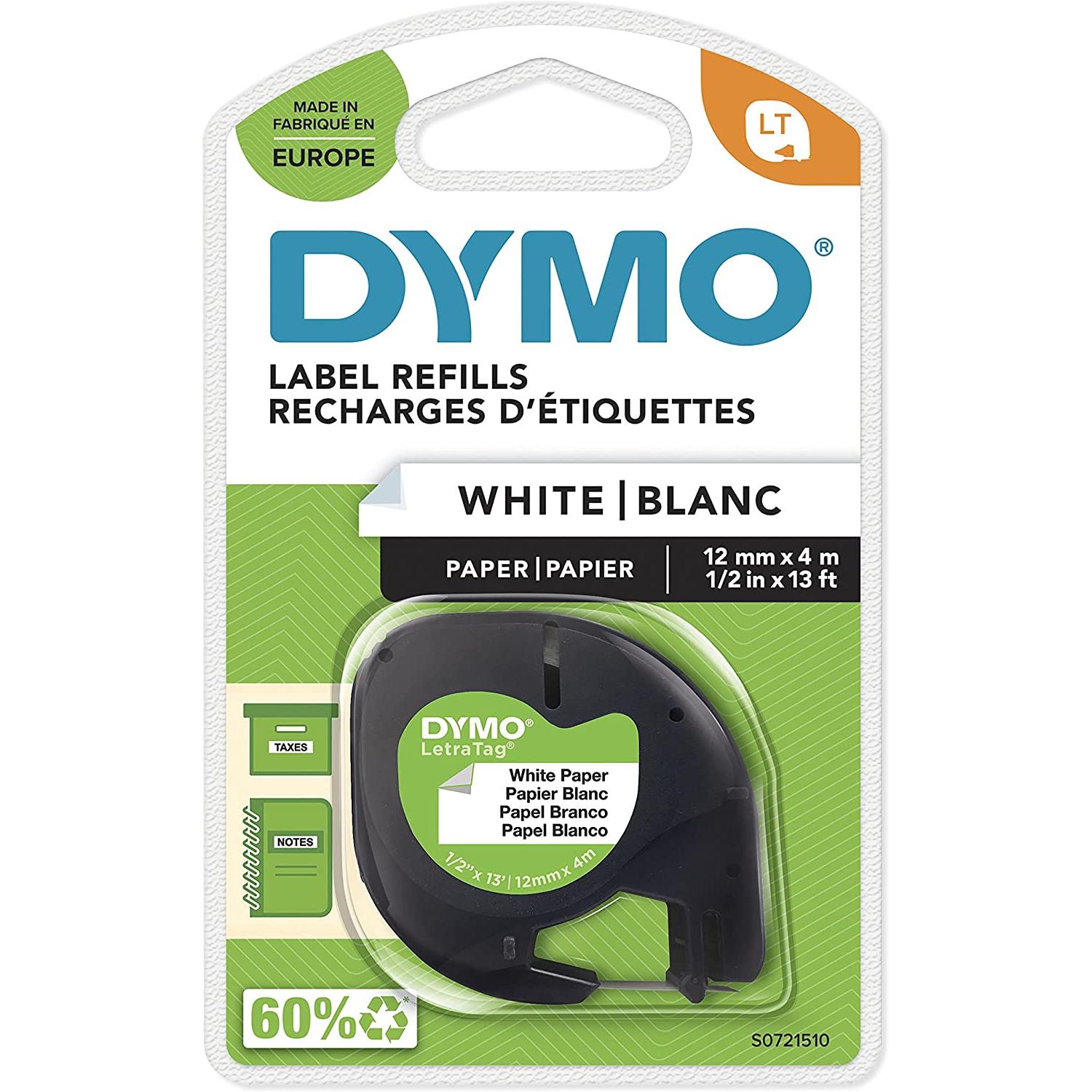 CINTA ROTULADORA DYMO LETRATAG 12MMX4M PAPEL NEGRO SOBRE BLANCO 91200