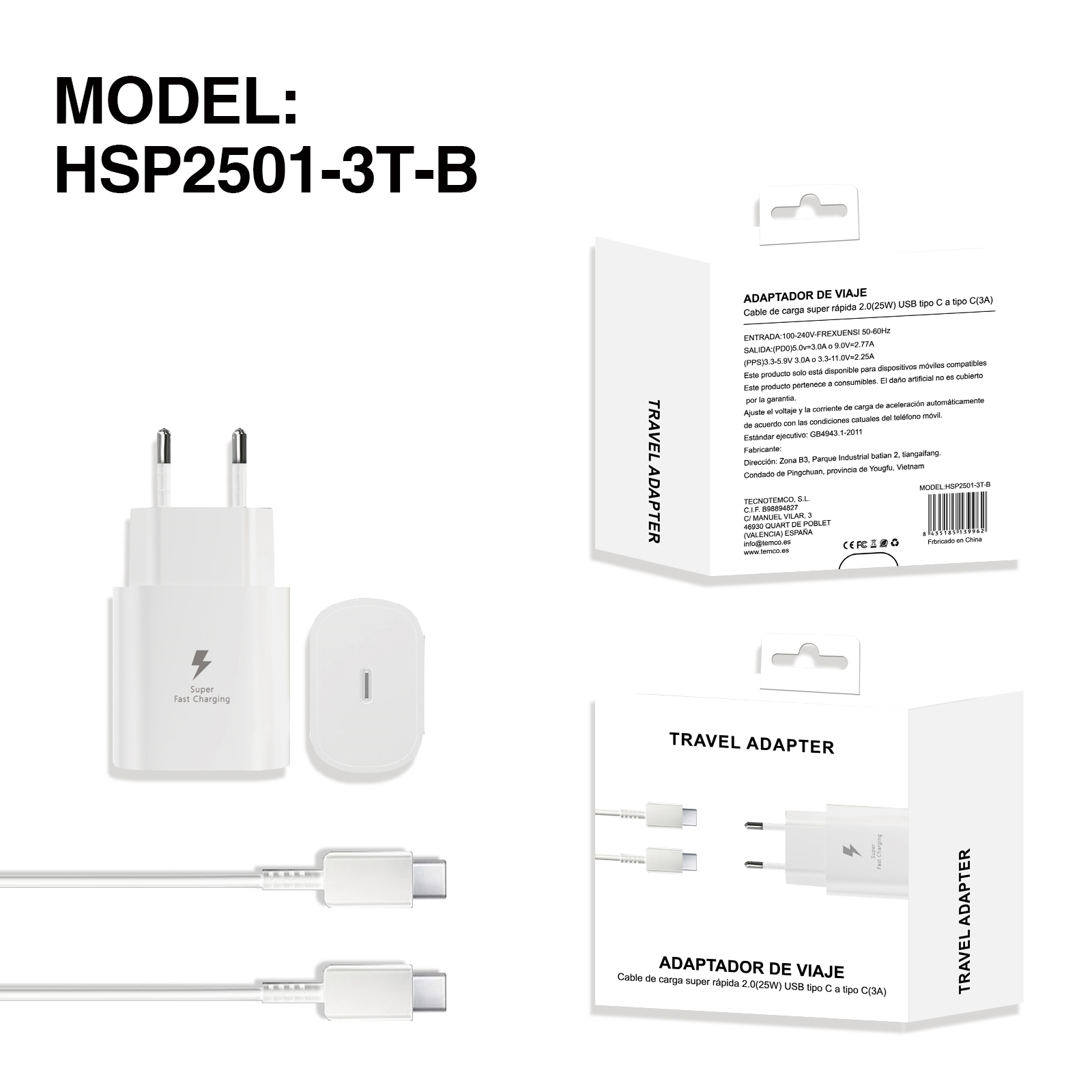 Pack Cargador PD25W+Cable Tipo C a Tipo C 3A B