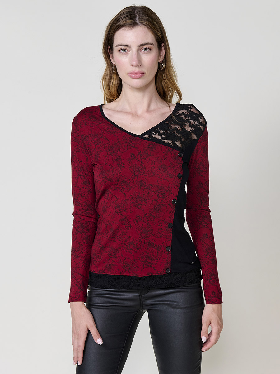 Koroshi - Camiseta de viscosa granate con blonda y estampado floral para mujer, diseño romántico de entretiempo e invierno