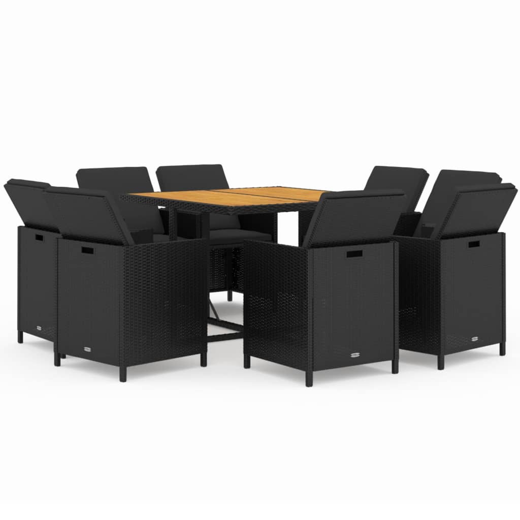 vidaXL Set de comedor de jardín 9 pzas y cojines ratán sintético negro