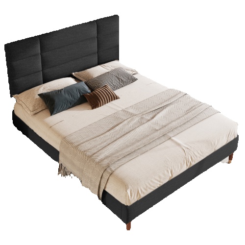 Upholstered bed, double bed with slatted base, 140x200cm upholstered bed frame with headboard, in black linen, for adults and teenagers (mattress not included) Black