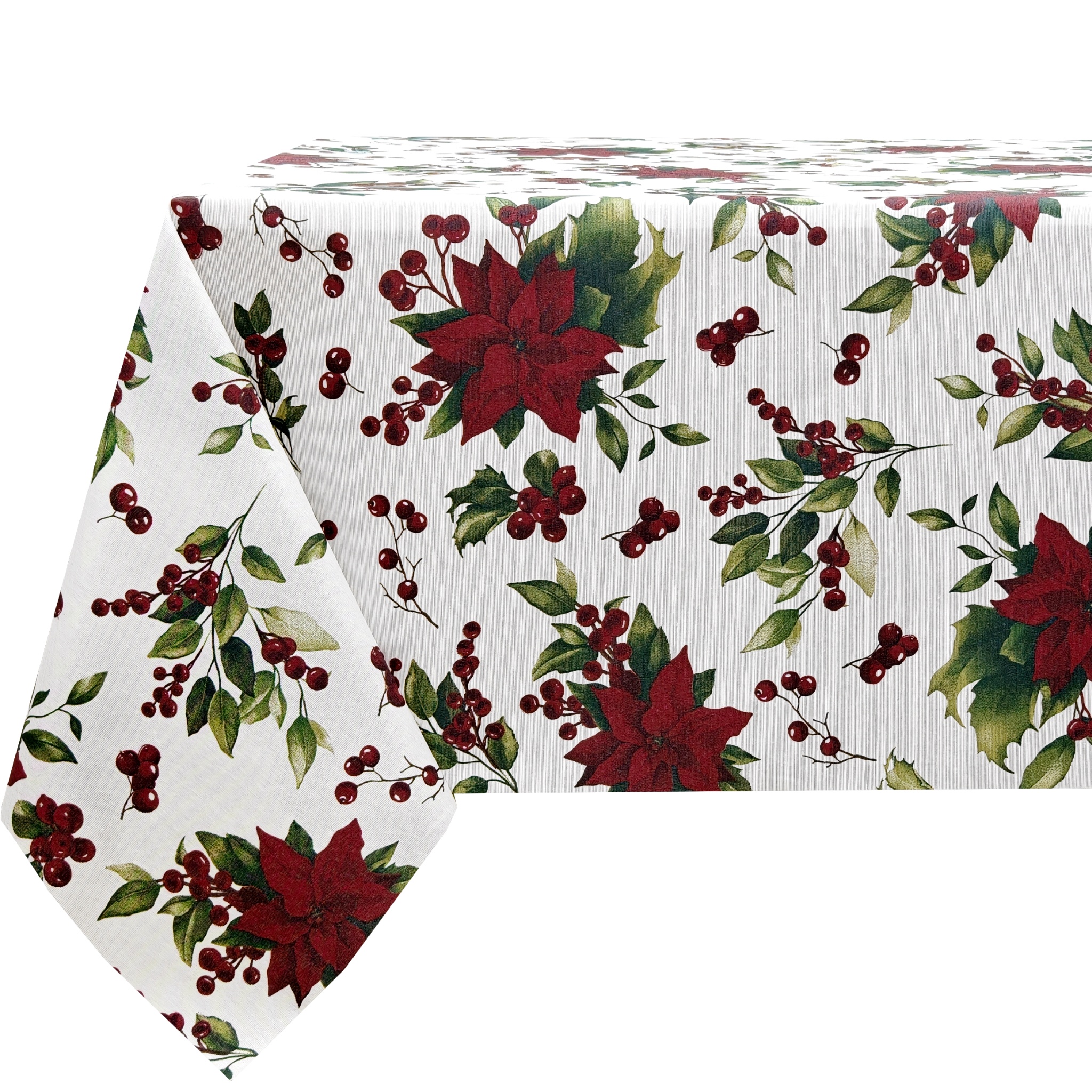 Mantel de Navidad de Tela Resinada Antimanchas e Impermeable, Diseño con Flores de Pascua Rojas y Hojas Verdes, Fondo Blanco Efecto Lino, para Cocina, Comedor y Decoración Navideña