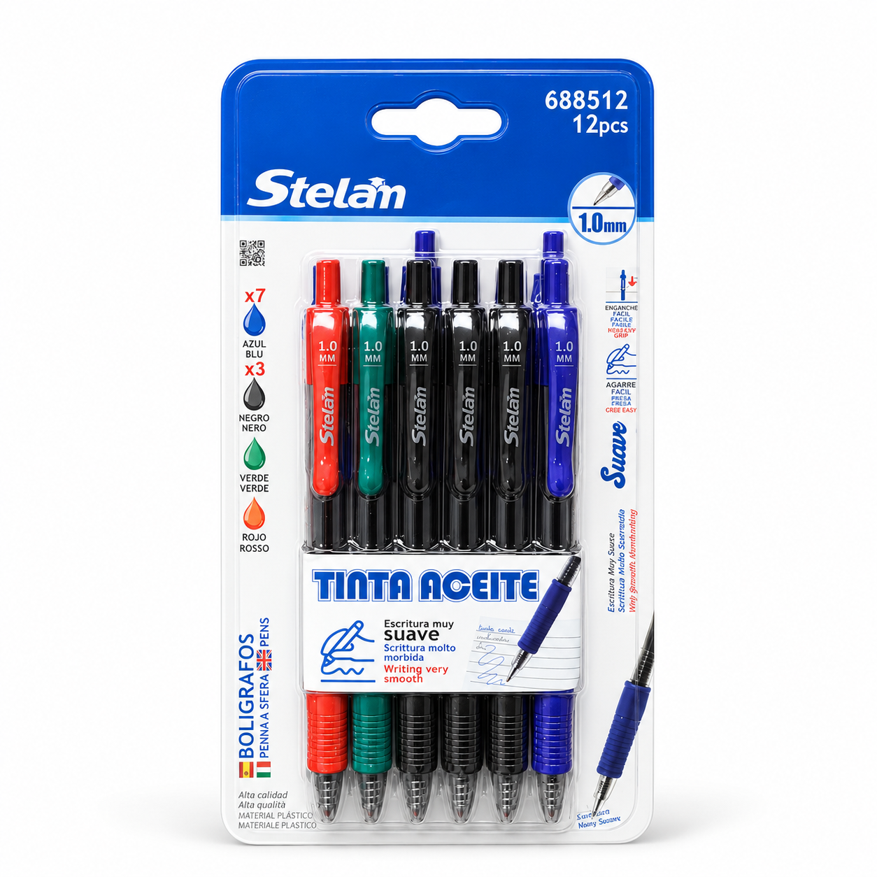 Pack de 12 bolígrafos de escritura suave con agarre cómodo y clip integrado, surtido en azul, negro, verde y rojo para organización por colores en oficina, estudio o casa - Stelan
