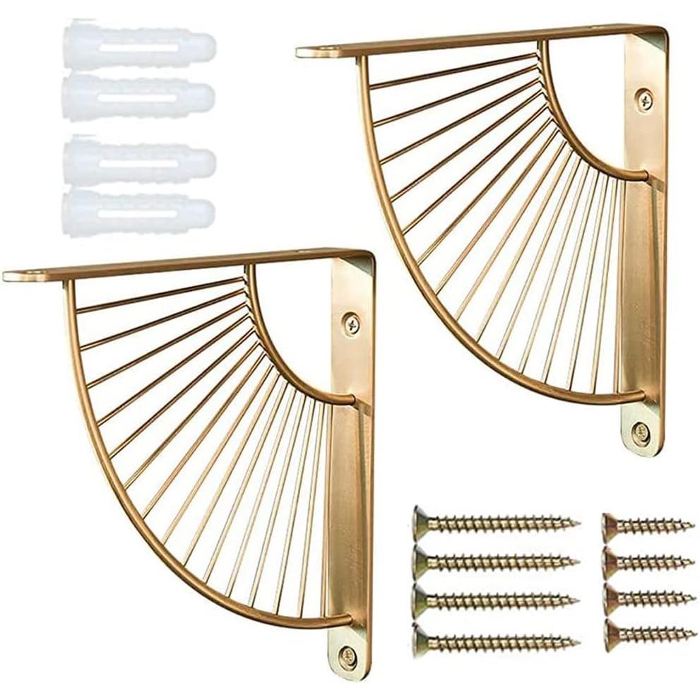 Soporte De Estantería De Hierro, 2 Piezas Soporte Estanteria, Soporte Estanteria Pared, Soportes de Estante Flotante para Baldas Form De Abanico Soporte De Metal Dorado Escuadras (Dorado)