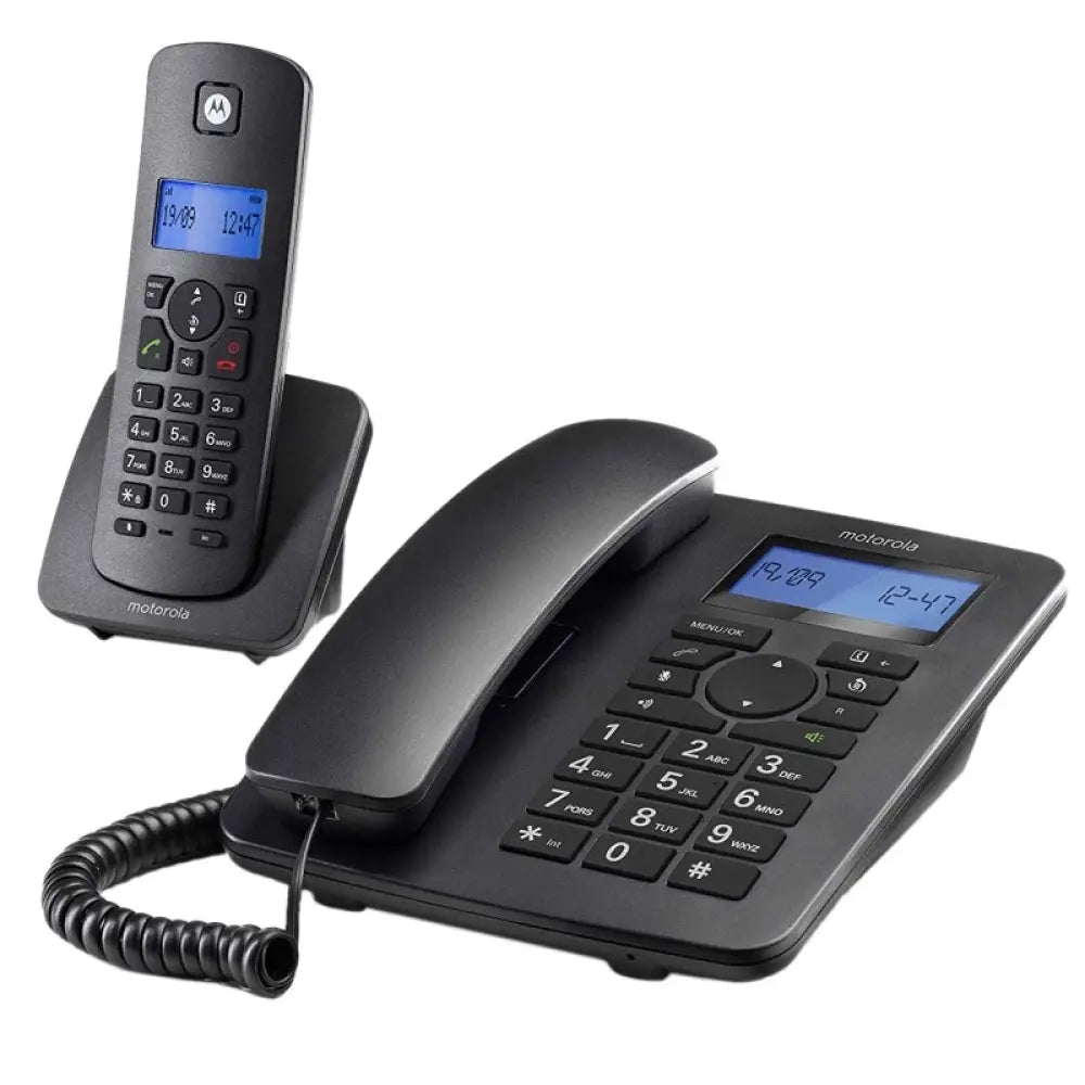 Motorola - Teléfono fijo e inalámbrico combo C4201 DECT con base expandible hasta 4 auriculares, manos libres y pantalla retroiluminada azul, color negro