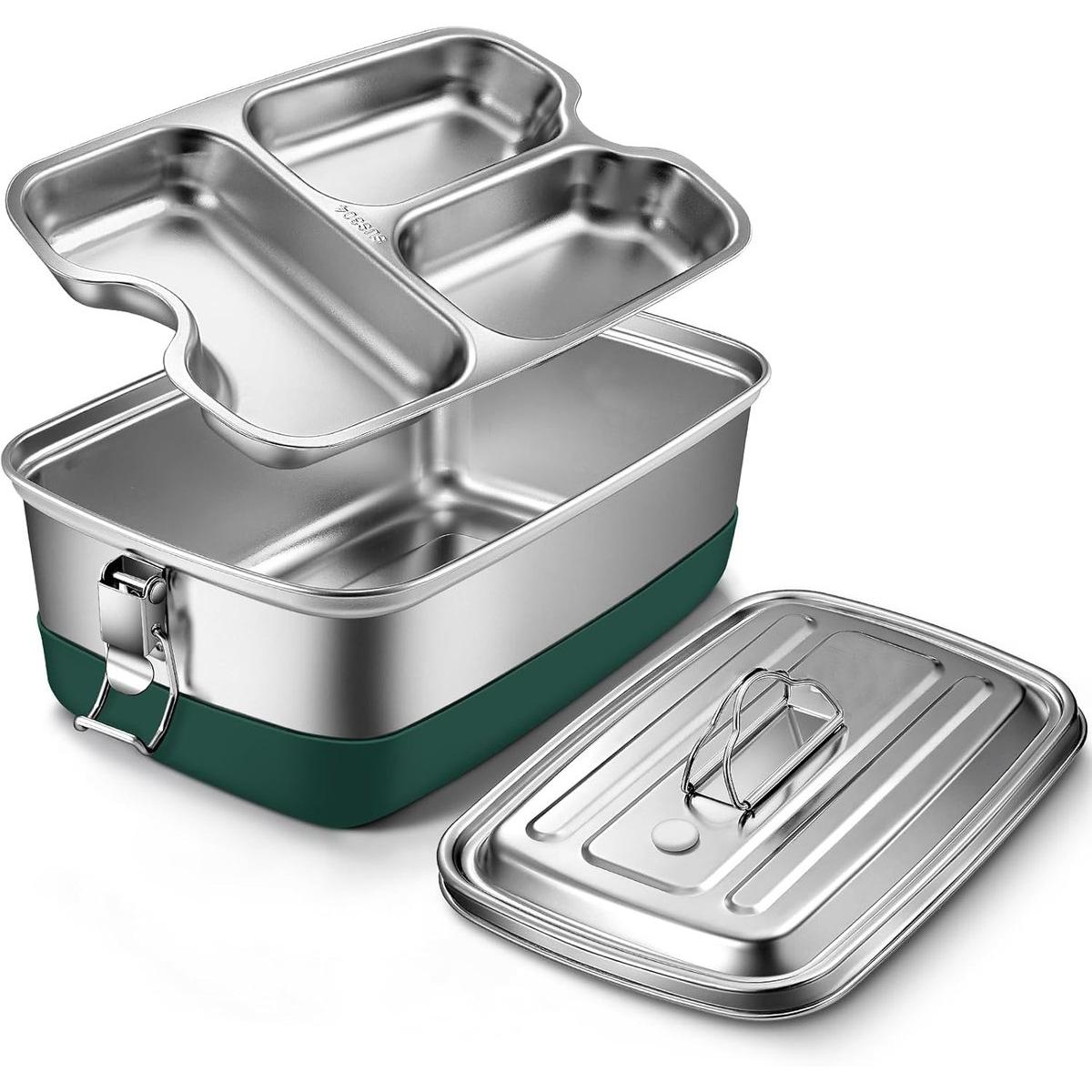 Fiambrera para adultos y niños, de acero inoxidable, de alta calidad, 2000 ml, a prueba de fugas, con 3 compartimentos, de metal, ecológica y libre de BPA, tipo bento o fiambrera para aperitivos, 22 x 15,5 x 9 cm.
