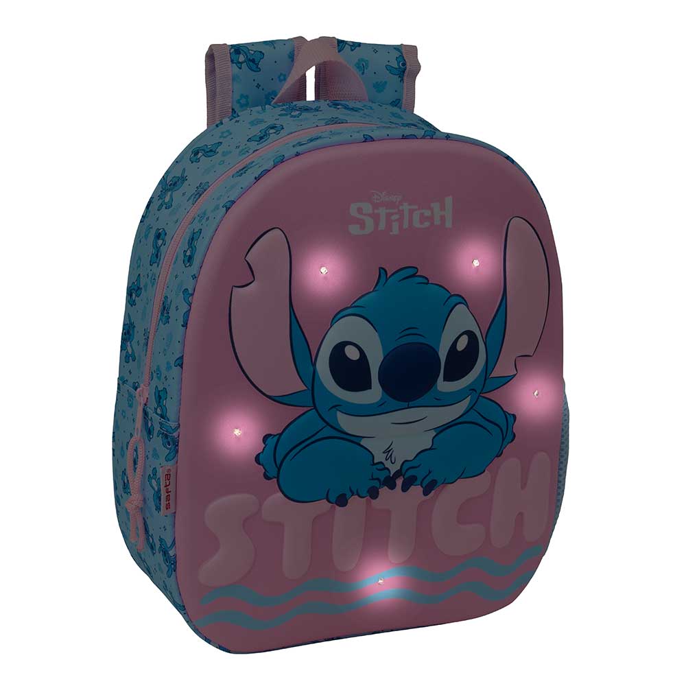 SAFTA | Mochila Escolar con Ruedas Stitch Niño y Niña, Panel Frontal Termoconformado, Hombreras Acolchadas y Ergonómicas, Bolsillo Lateral Portabotellas, Asa Superior, Rosa y Azul, Talla Única, Altura