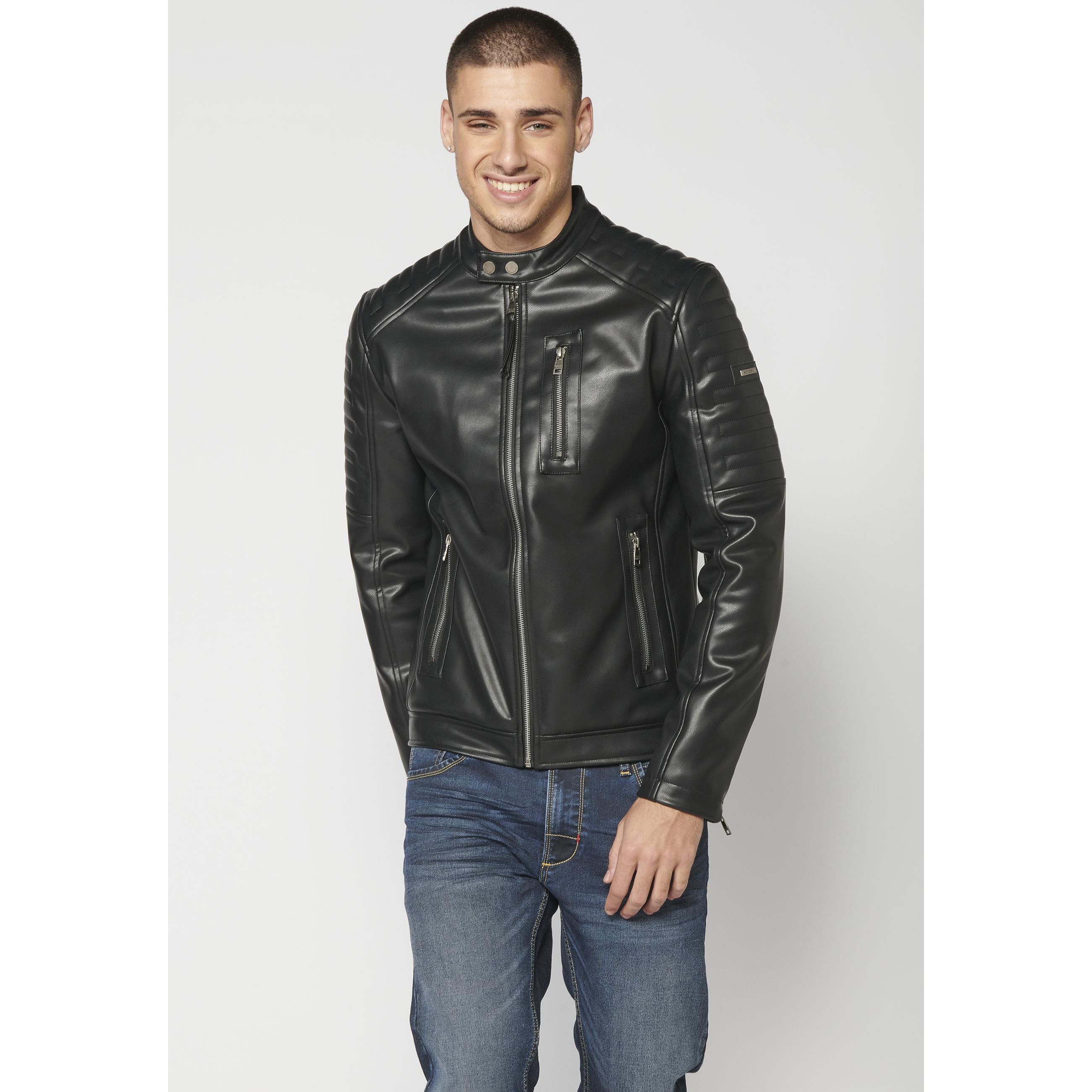 Koroshi - Chaqueta biker hombre de cuero sintético con cuello mao y bolsillos cremallera estilo urbano casual negro