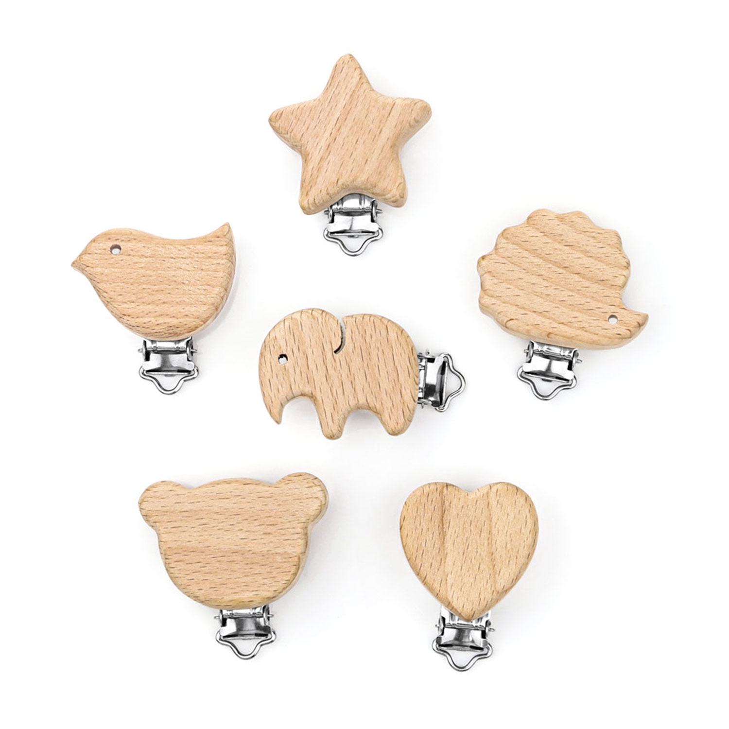 Artree | 6 PCS Clip para chupete de madera de haya con figuras de animales. Lote de Pinzas para hacer chupeteros personalizados en madera. Clips de madera para chupeteros y cadenas de carrito para recien nacidos accesorios para bebés