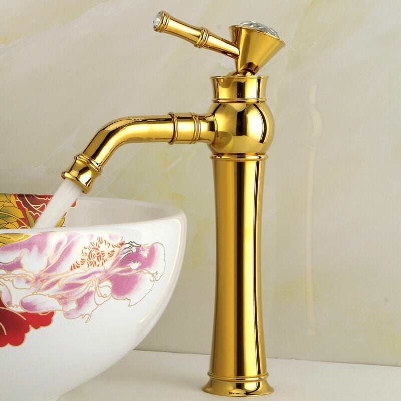 TK RICEEL Grifo mezclador para lavabo, grifo para lavabo de baño, grifo de baño de lujo, grifo de tocador cromado de cristal (dorado, alto) grifo para lavabo