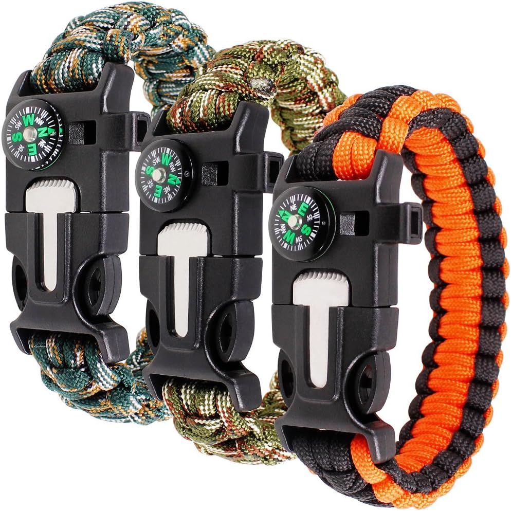 Kit de pulsera Paracord Set de 3 para supervivencia al aire libre-Kit de equipo de supervivencia con brújula incorporada, arrancador de fuego, cuchillo de emergencia y silbato.