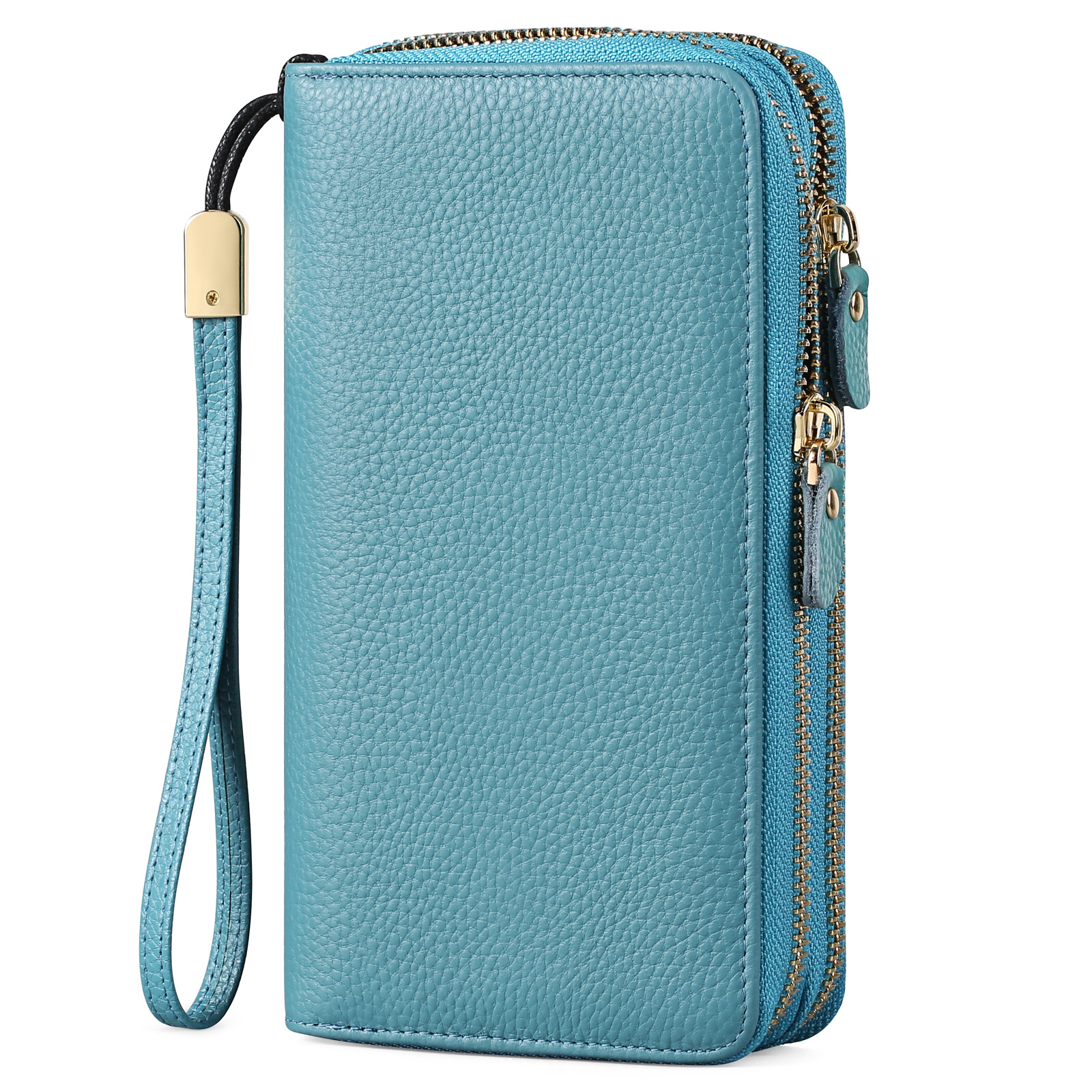 Carteras de cuero para mujer, con bloqueo de identificación por radiofrecuencia (RFID), cierre de cremallera alrededor del tarjetero, cartera para teléfono, con correa, de gran capacidad