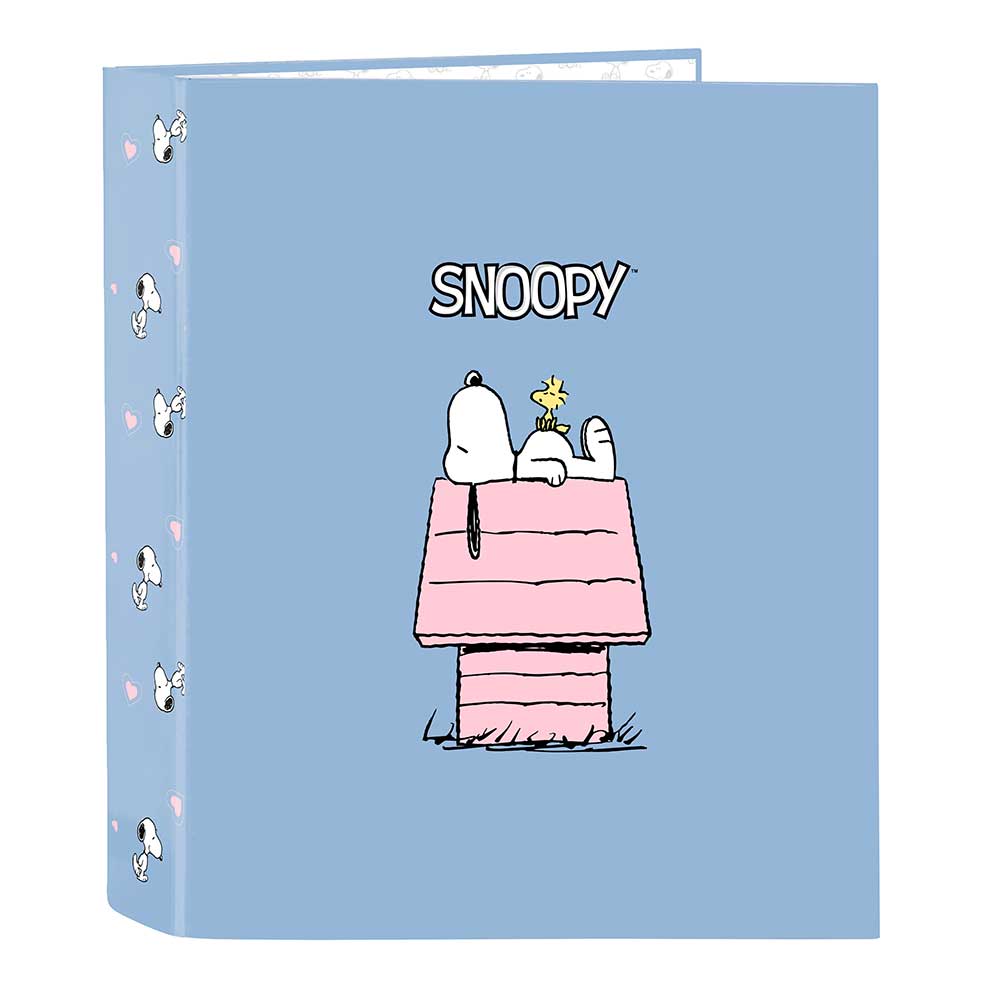 SAFTA | Carpeta Folio Snoopy 4 Anillas Mixtas 25 mm, Tapas Duras Forradas, Archivador Escolar Resistente para Vuelta al Cole, Diseño Azul con Snoopy y Corazones, Licencia Oficial