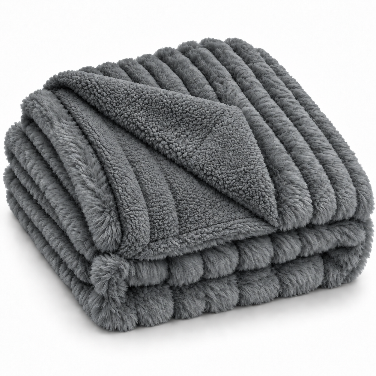 Manta Plaid Canalé y Sherpa Rabbit, 100% Poliéster, 160x220 y 220x240 cm, Blanco, Beige, Gris Claro y Gris Oscuro, Roomers.