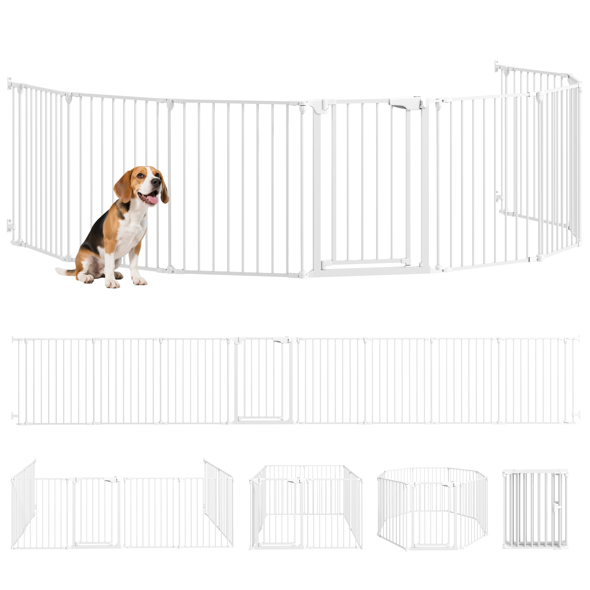 PawHut Barrera para Perros Plegable, 488x75 cm, Valla para Mascotas de 8 Paneles, Puerta con Cierre Doble, Barrera de Seguridad para Niños, Perros Pequeños y Medianos, para Escalera, Pasillo, Blanco