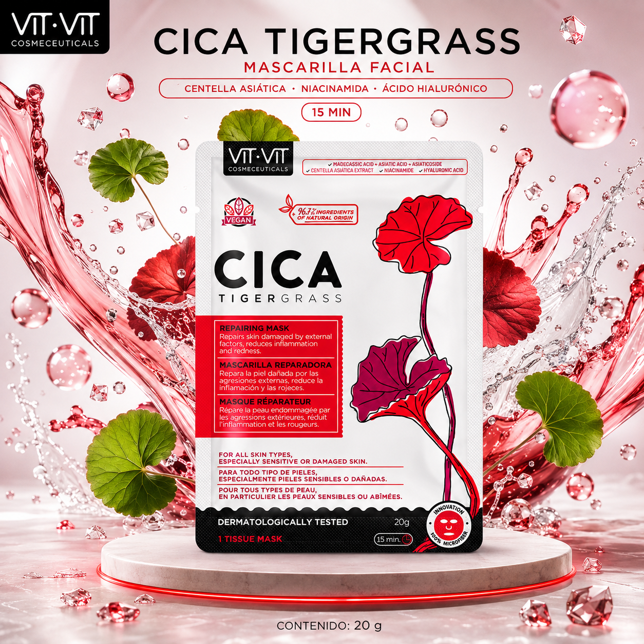 Pack de 5 Mascarillas Faciales de Tisú CICA VIT VIT | 5 × 20 ml | Hidratación y Confort para Piel Sensible | Diet Esthetic