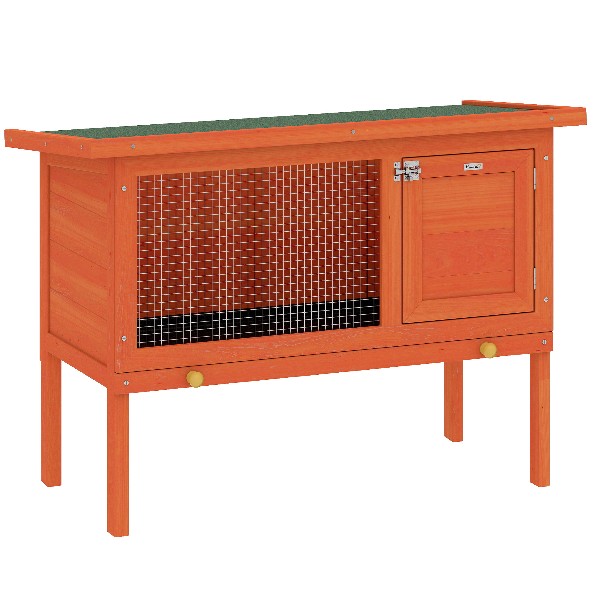 PawHut Conejera de Madera, Jaula para Conejos Medianos con Techo Asfáltico Abatible, Bandeja Extraíble, Puerta con Pestillo, Conejera Elevada Exterior, para Cobayas y Chinchillas, 90x45x65 cm, Naranja
