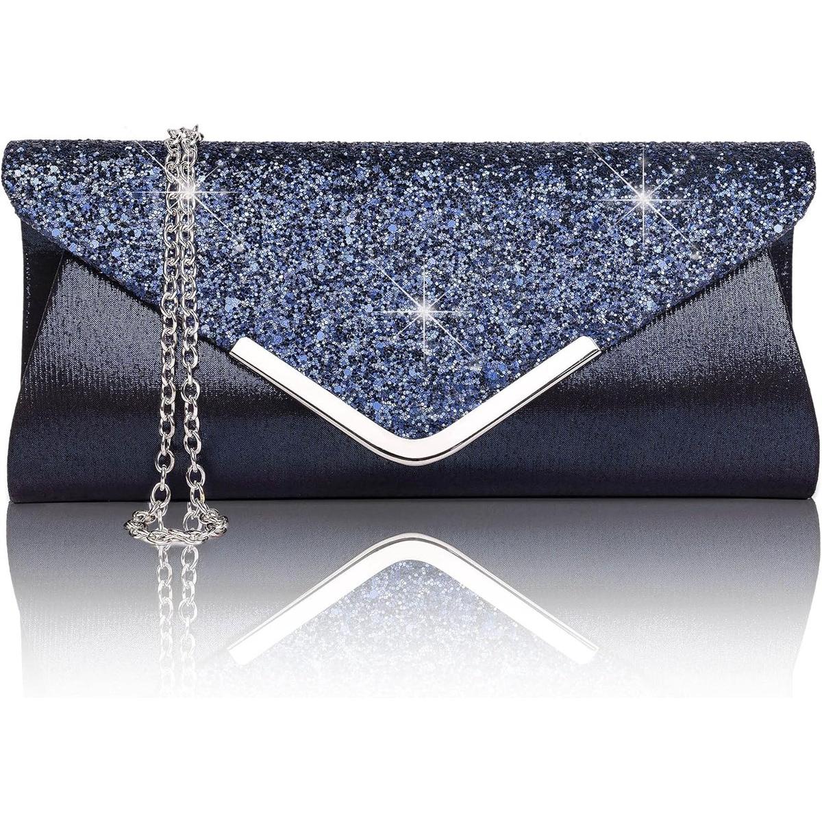 Bolso de mano - Bolso de mano para mujer - Bolso de noche - Bolso de mano tipo sobre para mujer - Con cadena - Sobre para mujer - Bolsos de mano - Brillo - Bolso de hombro - Elegante - Retro - Adecuado para bodas, graduaciones, fiestas de gala - Azul oscu