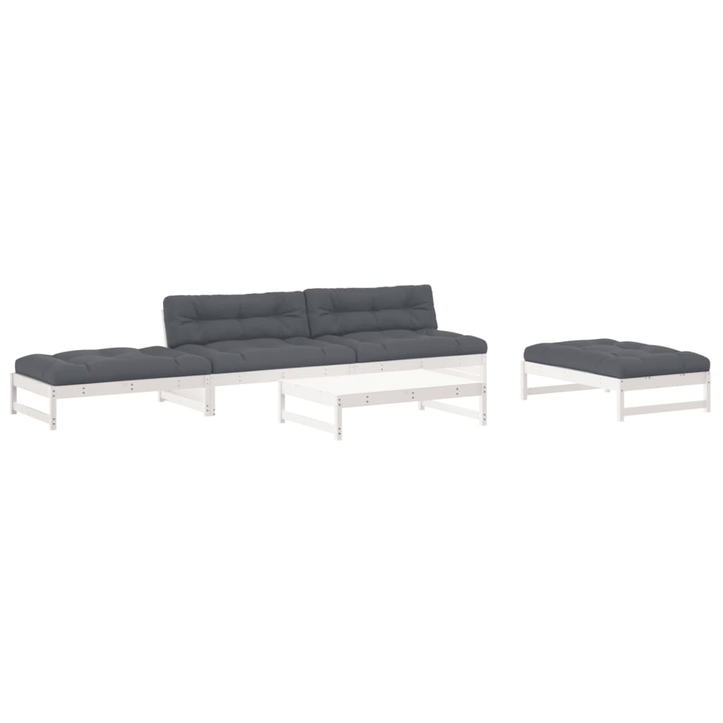 vidaXL Juego de muebles jardín 6 piezas y cojines madera maciza blanco