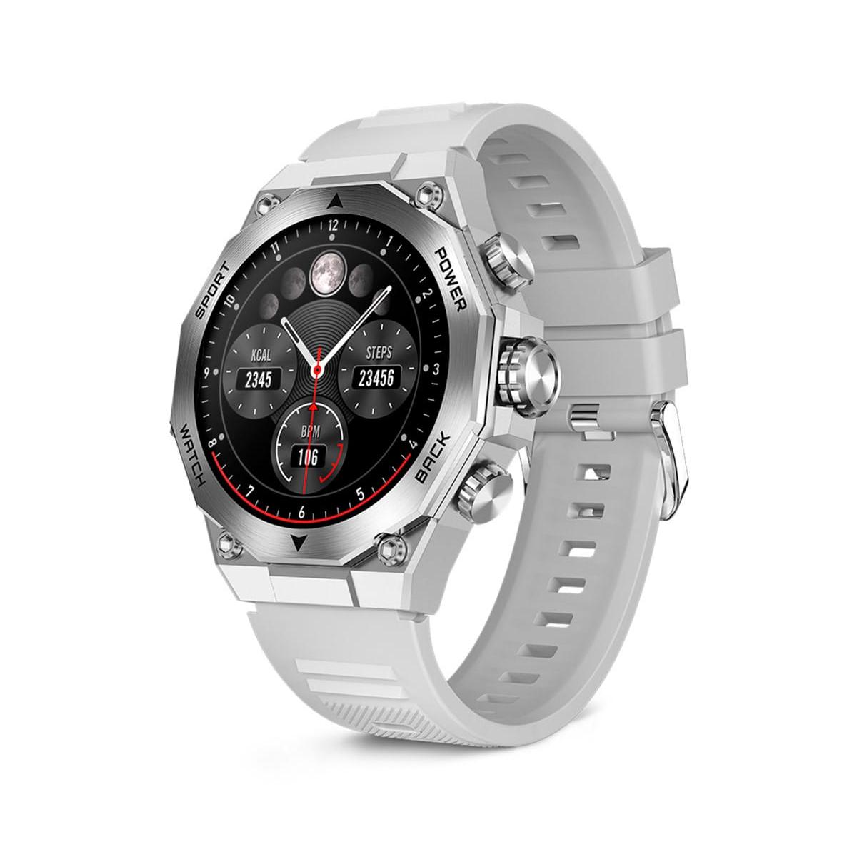 Ksix - Reloj inteligente titanium con pantalla AMOLED de 1,43\" redonda, resistente IP67, 5 días de batería y 2 correas intercambiables (silicona y acero inoxidable) color plata