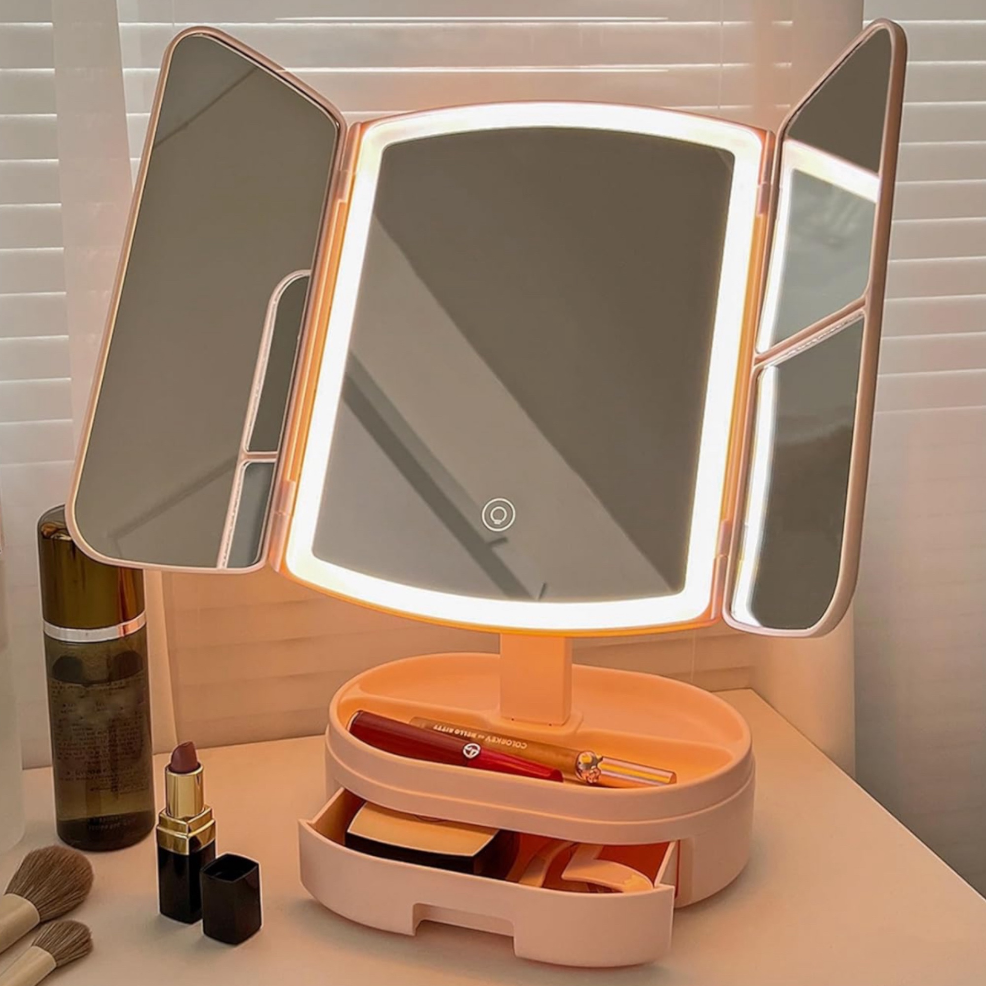 Espejo de Maquillaje de Tres Pliegues con 21 Luces LED y Pantalla táctil Ajustable Espejo Iluminado Tocador Espejos cosméticos de encimera (Blanca)