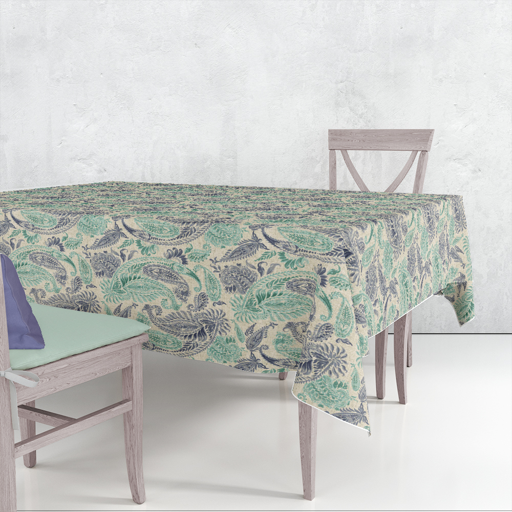 LaFábricadelasTelas-Mantel loneta algodón estampado MOSTAZA y jade o turquesa, lavable, decoración hogar cocina, salon, comedor.