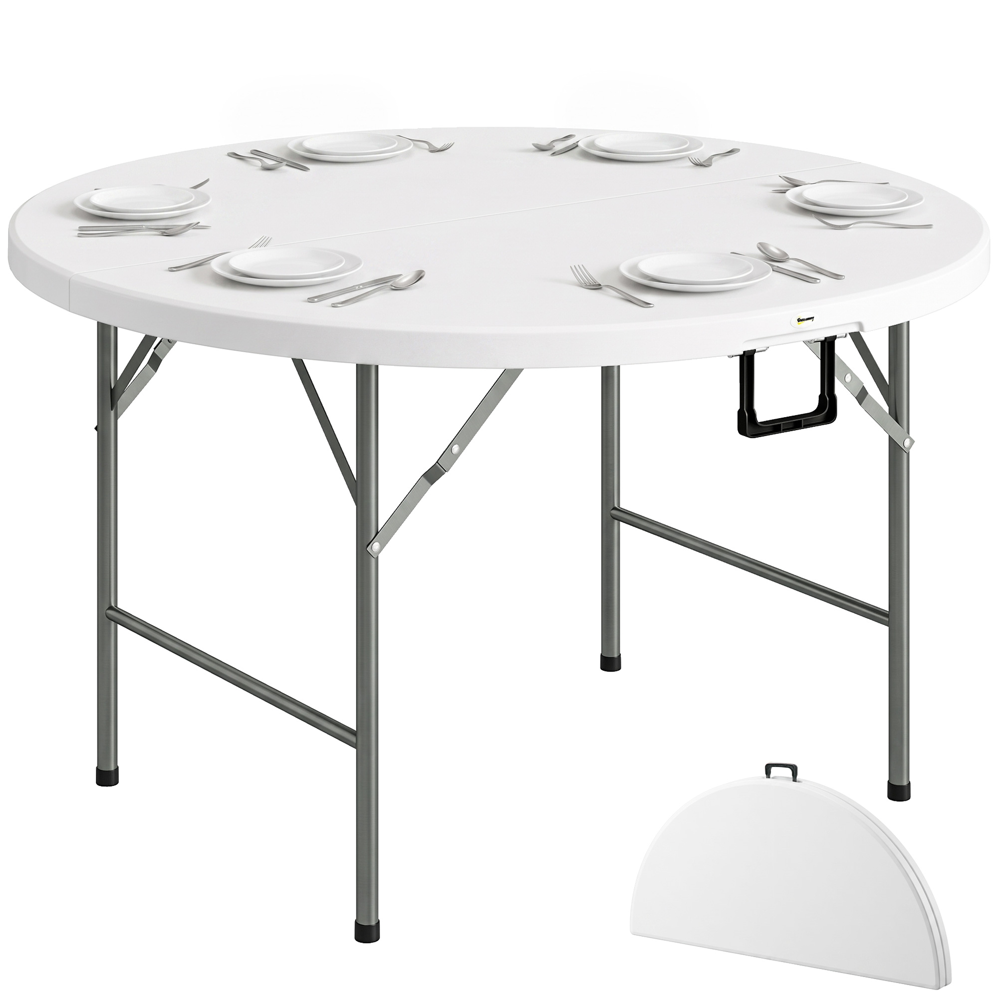 Outsunny Mesa Auxiliar Redonda Mesa de Jardín Plegable con Marco de Acero y Encimera de HDPE Carga 80 kg para Interior y Exterior Ø122x73 cm Blanco