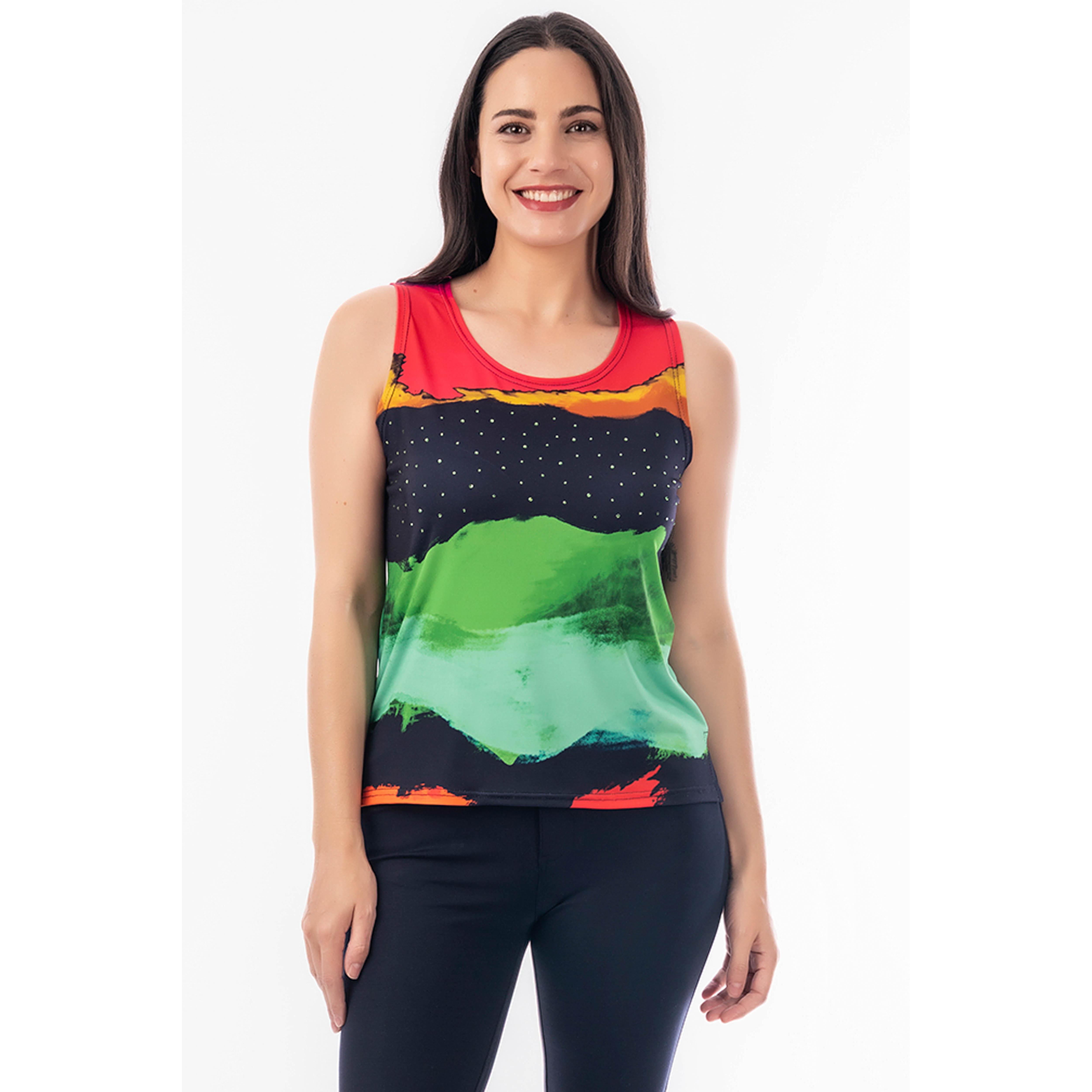Camiseta de Mujer Estampada Sin Mangas y Escote Redondeado- Masquenada