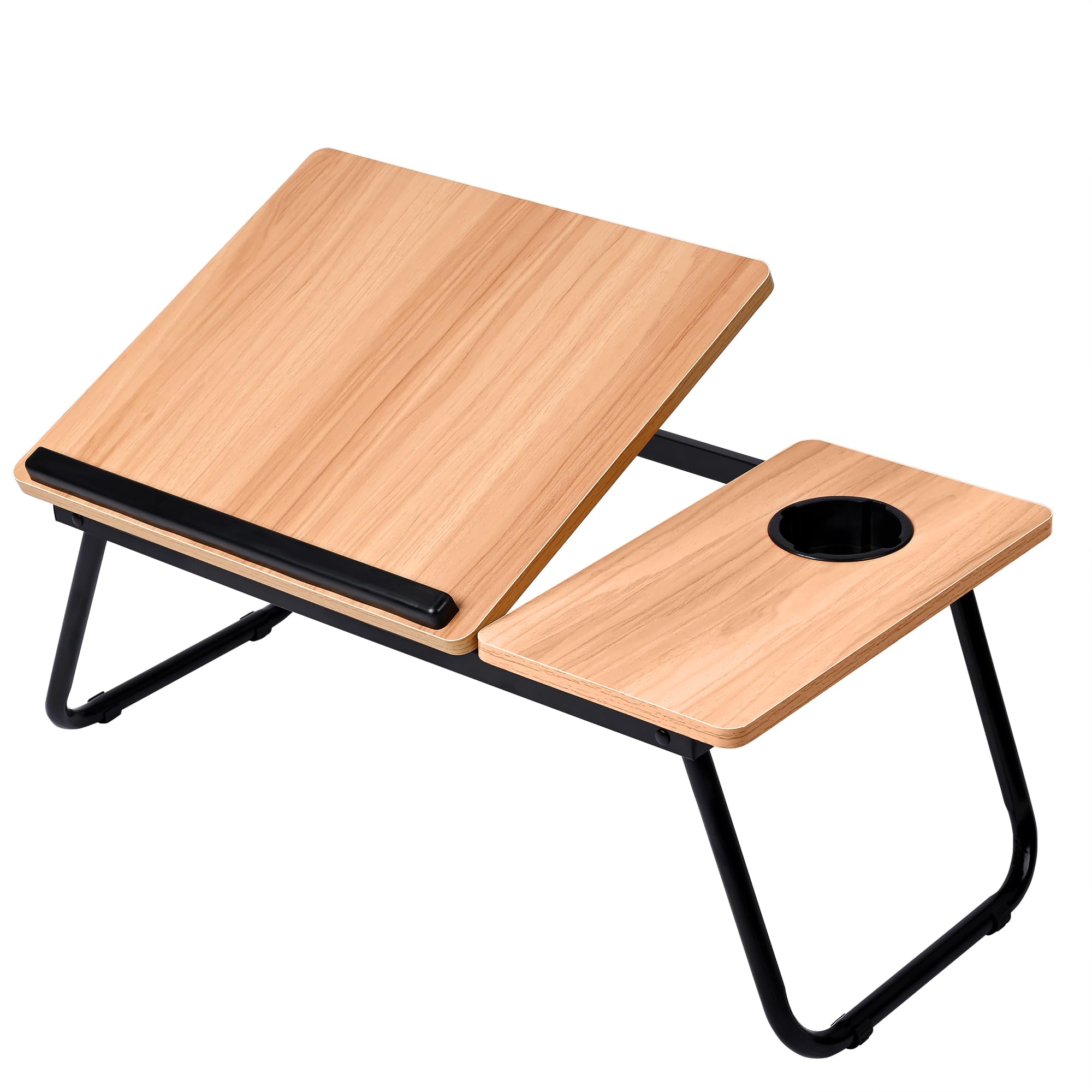 T-LoVendo Mesa Reclinable para Cama y Sofá, Bandeja Plegable con Portavasos, Ideal para Ordenador Portátil y Libros, con Cinco Alturas, Mesita Auxiliar Multiusos de MDF, Acero y Plástico