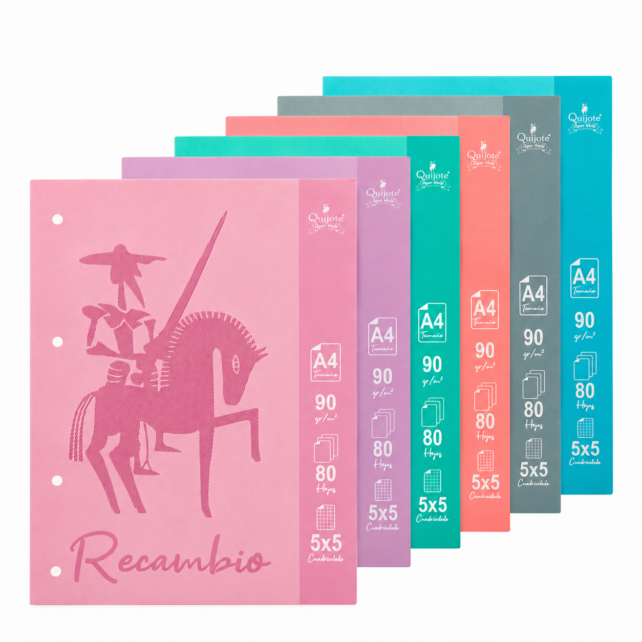 Pack 6 Recambios A4 Cuadriculados 5x5 mm, 80 Hojas de 90 g/m², 4 Taladros, Bloc Encolado, Papel para Carpeta Escolar
