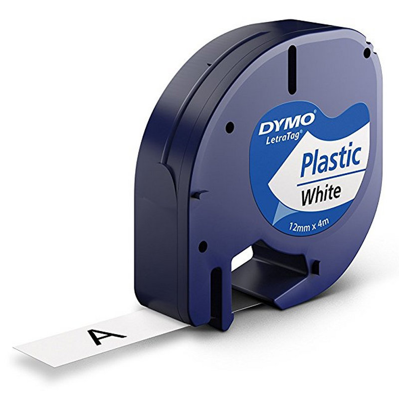 DYMO 12mm LetraTAG Plastic Tape Cintas, Etiqueta de Negro Sobre Blanco, Compatible con Impresoras de Etiquetas Dymo LetraTAG 100T, LT100H, 200B (Poliéster, Ampolla, 4 m, 22 mm, 96 mm, 146 mm) - S0721660
