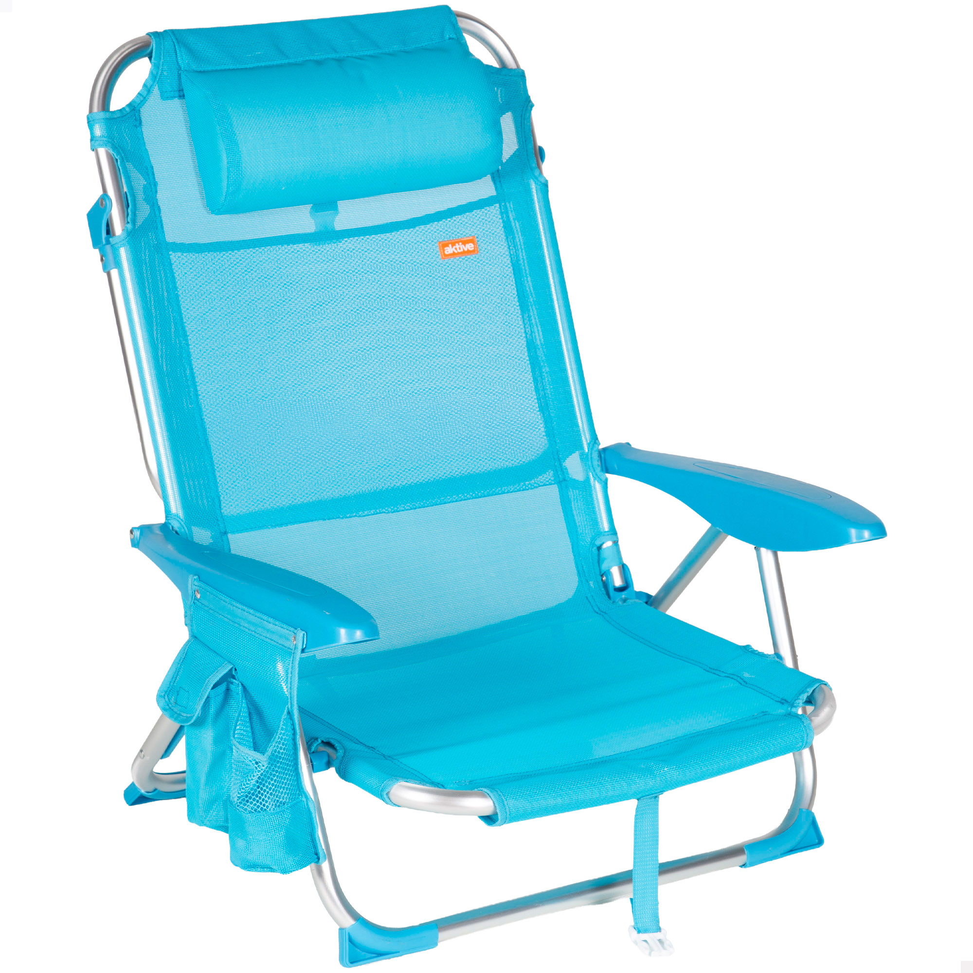 Aktive - Silla de playa plegable multiposición, aluminio y textileno, asiento bajo, incluye bolsillo lateral, cojín acolchado, asa de transporte, silla reclinable de playa, respaldo reclinable, packs playa
