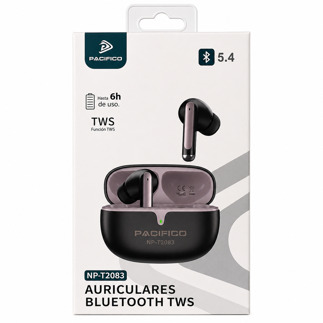 Auriculares Bluetooth TWS Pacífico NP-T2083 con Bluetooth 5.4, Estuche de Carga Tipo C y Hasta 6H de Uso