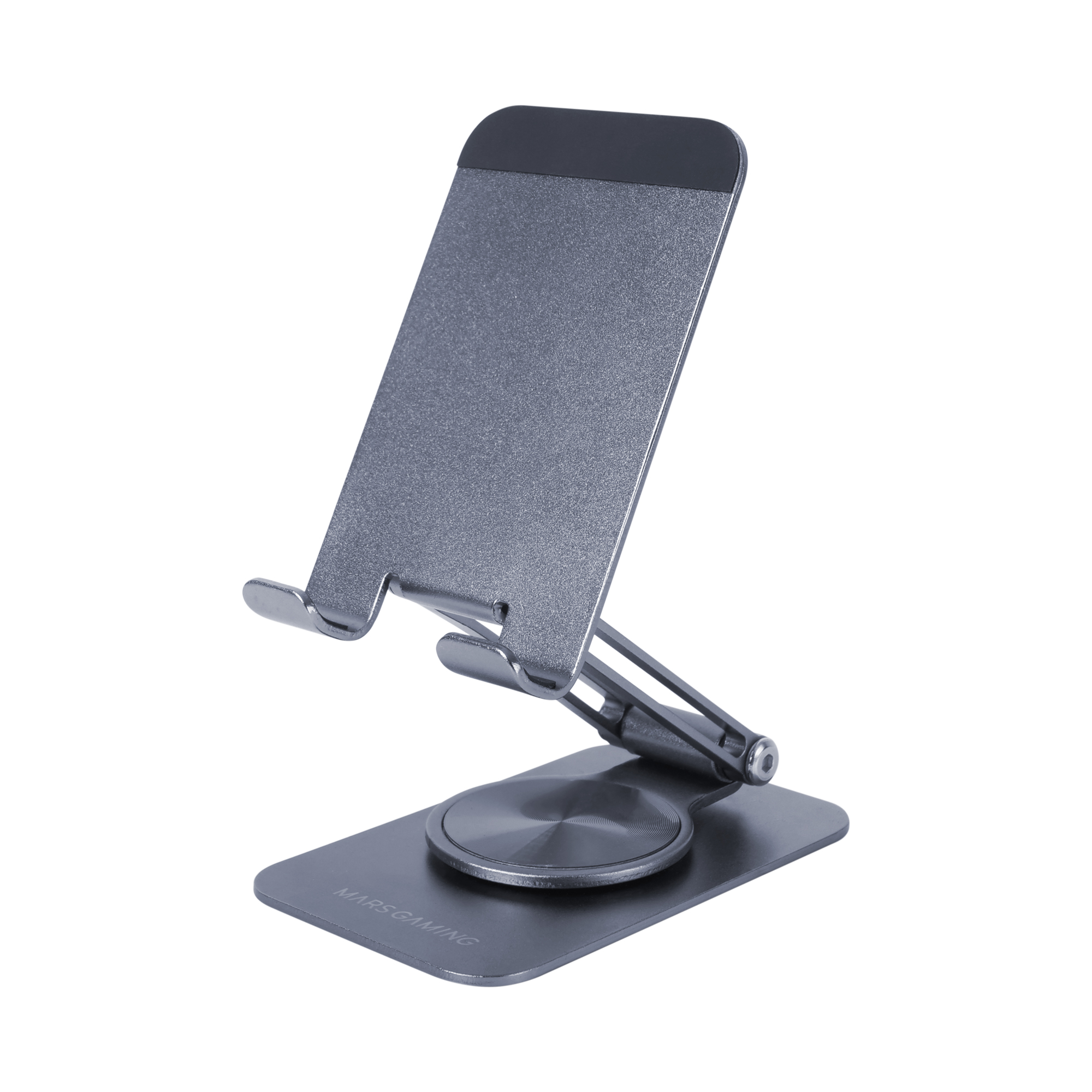 Mars Gaming MA-RSS, Soporte Plegable para Smartphone, Rotación Dinámica 360º + Ajuste en Altura y Ángulo 180º, Soporte Teléfono Móvil Portátil de Aluminio, Antideslizante, Soporte para Móvil Gris Oscuro o Gris Plateado