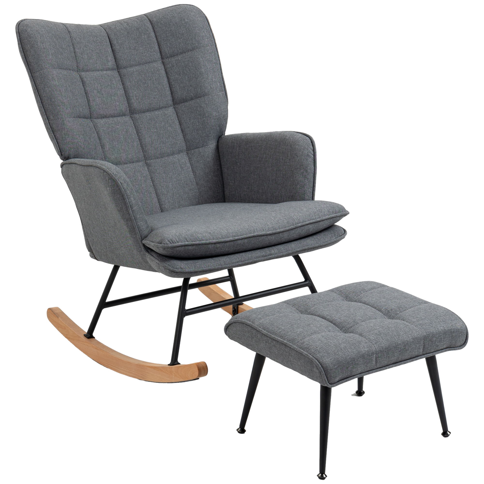HOMCOM Silla Mecedora con Reposapiés, Sillón de Relax, con Cojín Acolchado, Respaldo Alto, Reposabrazos y Patas de Madera, Carga 130 kg, para Salón, Dormitorio, Gris