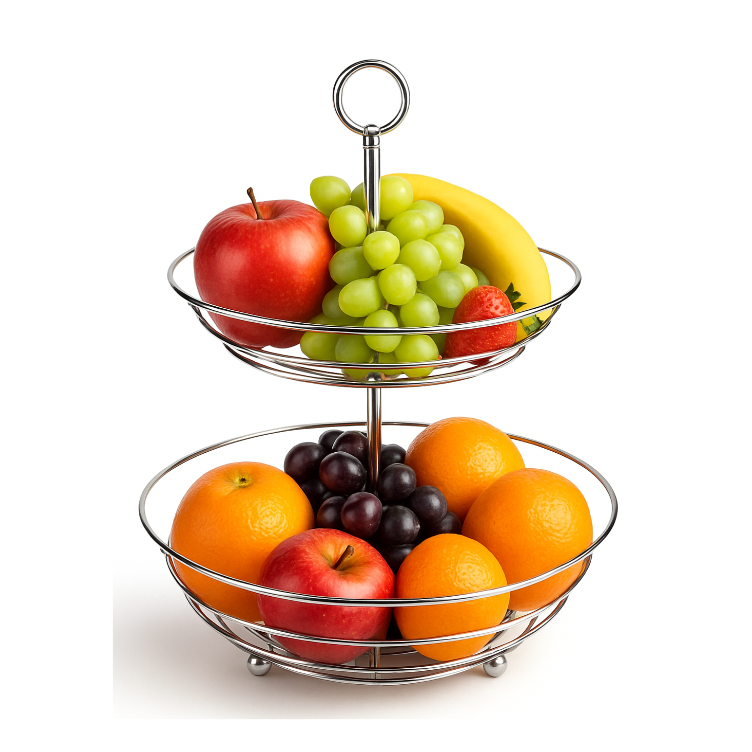 Frutero con 2 niveles ,Cesta de fruta ,redonda ,elegante ,Soporte de metal cromado para fruta y verdura ,Estantería moderna para fruta ,ideal cocina ,mesa de comedor