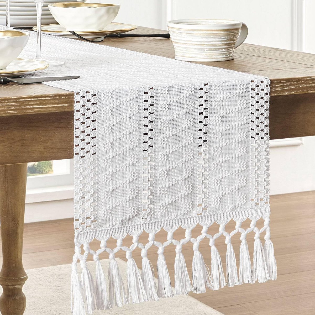 Om Home Camino de mesa bohemio de algodón y lino - 30 x 120 cm - Mantel de lujo con borlas - Servilleta larga decorativa de estilo rústico con motivo de nudo - Blanco