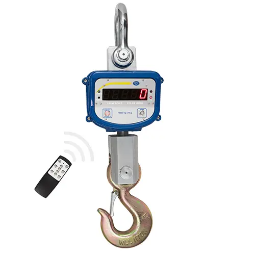 Balanza de gancho PCE-CS 10000N Rango: 10 t / Control por mando a distancia / Pantalla con dígitos de 30 mm de altura / Funciones: Hold, Tara, Suma / Acumulador de 7 Ah integrado, duración = 50 h / PCE Instruments