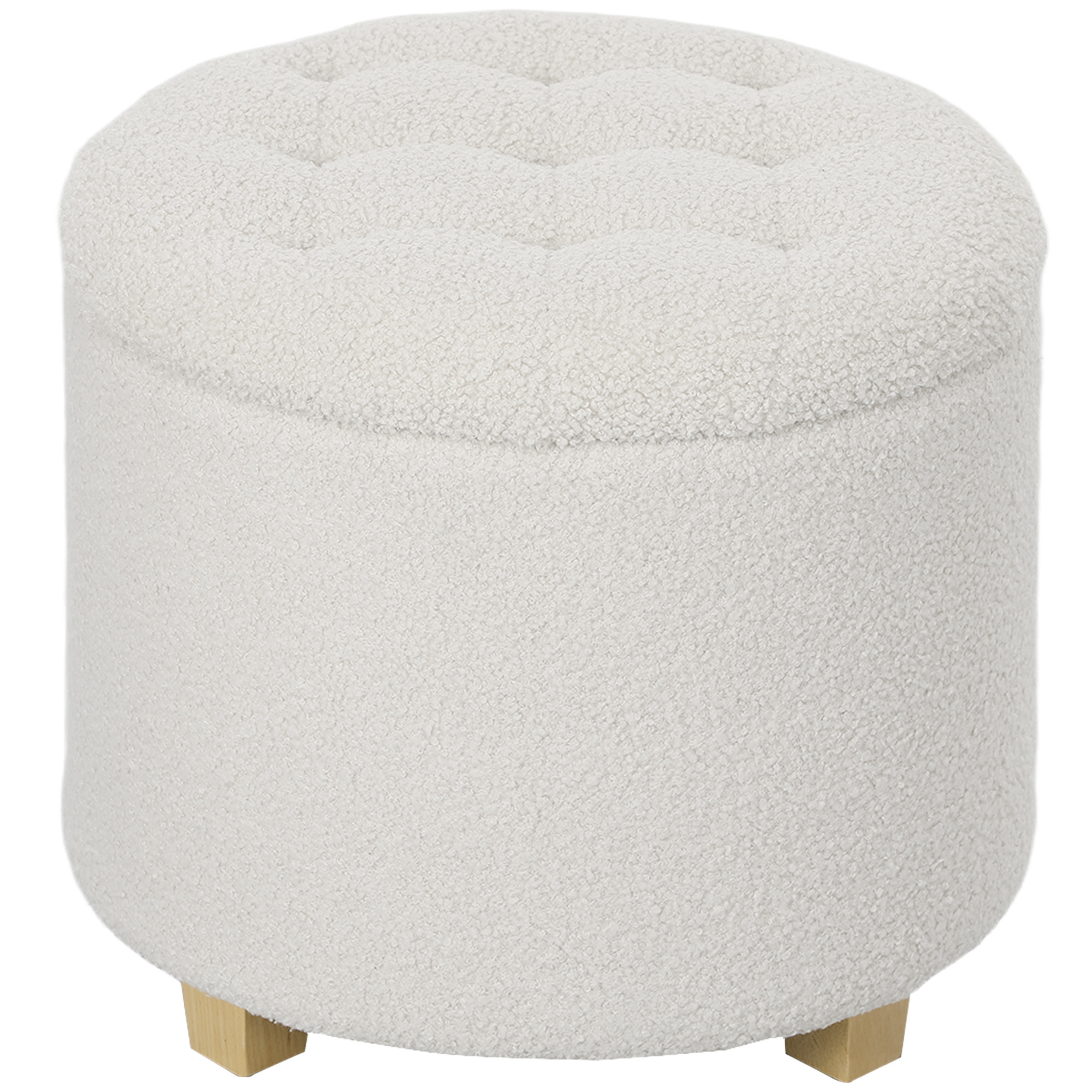 HOMCOM Puff Almacenaje, Baúl de Almacenaje Redondo 40,5L, 45x45x41 cm, Tapizado en Borreguillo, Taburete Reposapiés con Patas de Madera, Asiento Acolchado, para Salón, Dormitorio, Entrada, Blanco