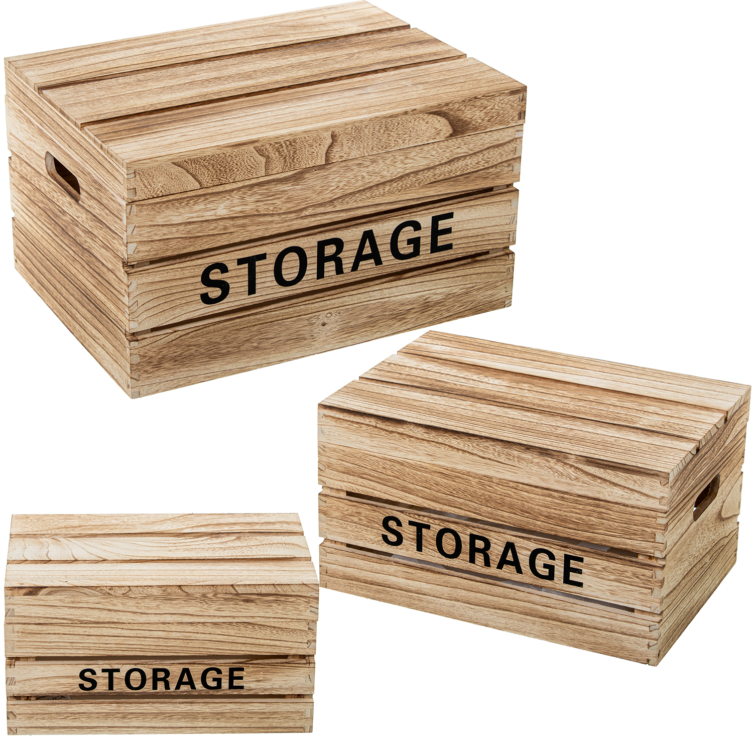 Set 3 cajas almacenamiento madera paulownia natural 42x31x24 y 36x25x20 y 30x19x16cm